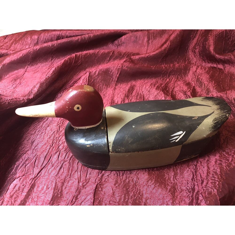 Vintage Homemade Wood Mallard duck drake Hand Painted Red head painted feathers